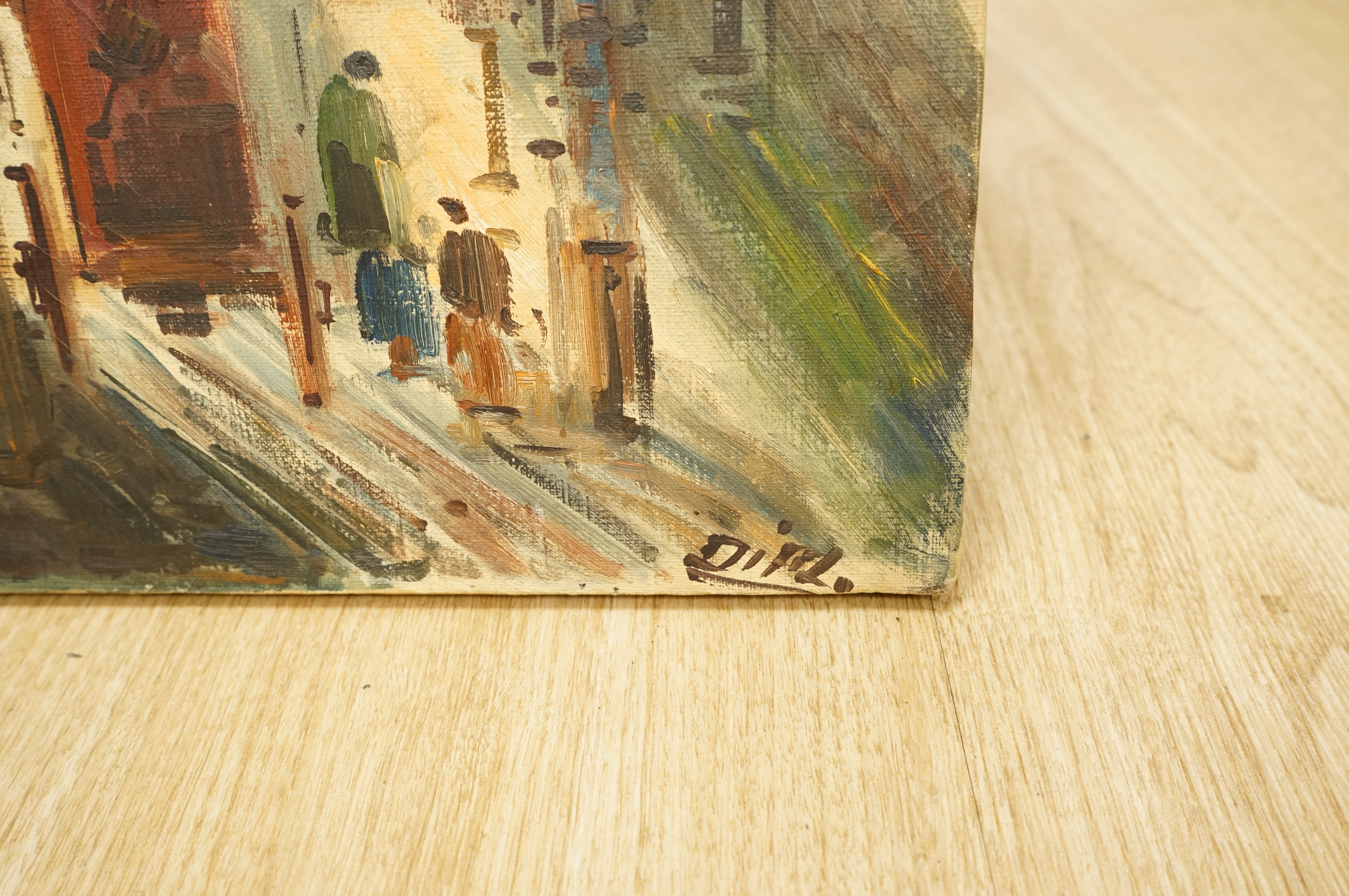 Diaz, Street scenes, each signed, three oils on canvas, unframed, largest 55 x 38cm